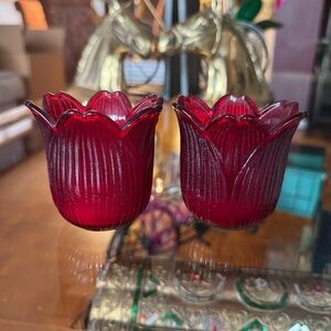 Vintage Ruby Red Tulip Glass Votive Candle Holders – Mid Century Style – Set of